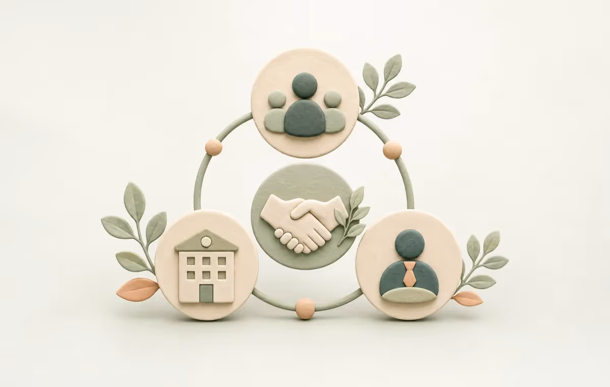 Minimal clay illustration of workplace audience and partnership symbols.