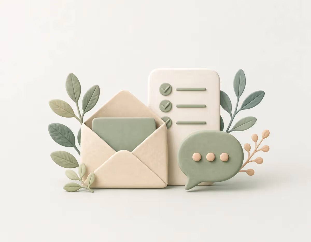 Minimal clay illustration of an enquiry envelope, checklist, message bubble, and leaves.